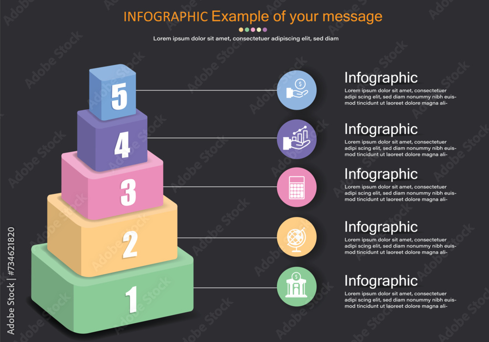 Poster vector infographic showing 5 layers of boxes from largest to smallest on a gray-black background.the