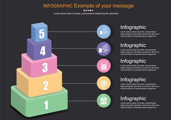 Vector infographic showing 5 layers of boxes from largest to smallest on a gray-black background.The boxes have color separation and modern style text boxes. Easy to present work in various fields.