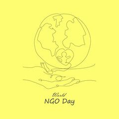 World Ngo Day design of helping charity hands, human, heart and world map. Vector, illustration. Hand drawn drawing of World NGO Day.