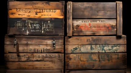 A stack of weathered wooden crates, each bearing the marks of time and use