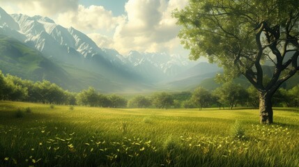 A Picturesque Landscape of a Green Field With Trees and Mountains in the Background