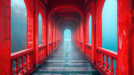 Symmetrical red beams of a modern bridge lead to the city skyline