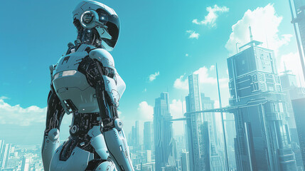 Naklejka premium ロボットと未来の都市 AI