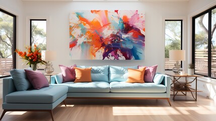 A striking, abstract artwork featuring vibrant splashes of colors against a pristine white backdrop