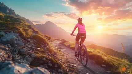Fototapeta premium Woman riding bicycle at mountain during sunset