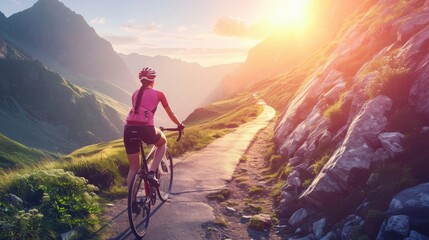 Woman riding bicycle at mountain during sunset - obrazy, fototapety, plakaty