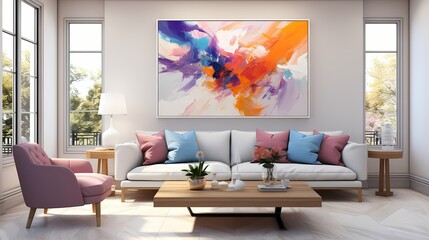 A striking, abstract artwork featuring vibrant splashes of colors against a pristine white backdrop