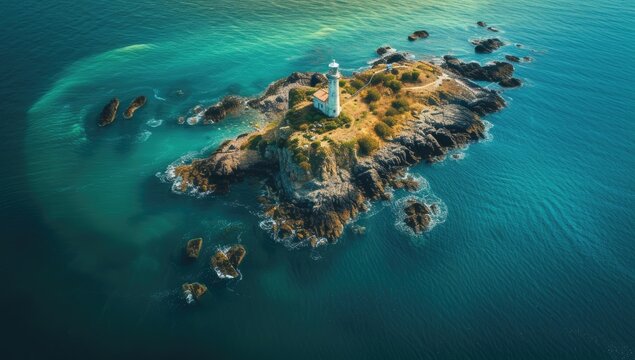 A solitary lighthouse stands on a small island amidst the vast ocean.