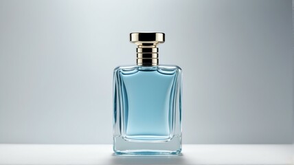 An elegant modern looking glass light blue perfume bottle on plain white background from Generative AI