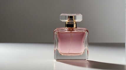An elegant modern looking glass pink perfume bottle on plain white background from Generative AI