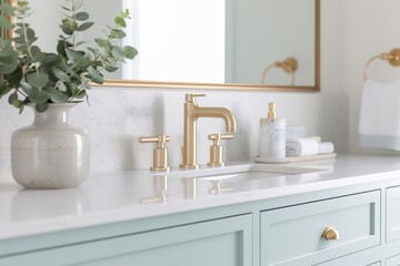 The soft pastel color on this bathroom vanity brings a touch of modern beach house interior design...