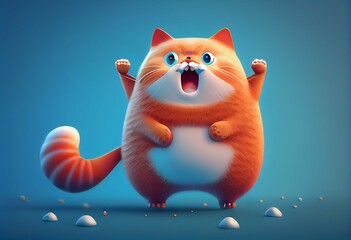 Surprised little kawaii red cat with open mouth and big orange eyes stands on its hind legs on blue background. Cartoon funny cute fat cat with white belly and a striped tail. 3d. Generative AI