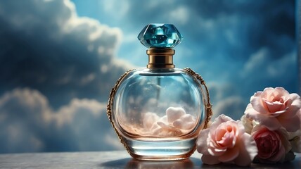 Obraz na płótnie Canvas A beautiful glass for womens perfume bottle on clouds background from Generative AI
