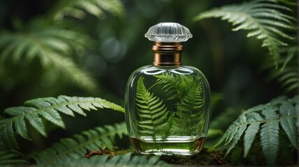 A beautiful glass for womens perfume bottle on fern leaves background from Generative AI