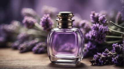 Obraz na płótnie Canvas A beautiful glass for womens perfume bottle on lavender flowers background from Generative AI