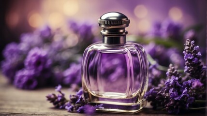 Obraz na płótnie Canvas A beautiful glass for womens perfume bottle on lavender flowers background from Generative AI