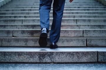 A businessman in a suit ascends stairs outdoors, symbolizing progress and success.