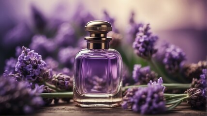 A beautiful glass for womens perfume bottle on lavender flowers background from Generative AI