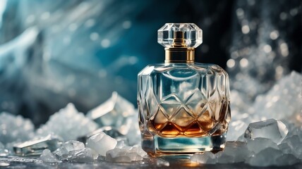 A beautiful glass for womens perfume bottle on pile of ice background from Generative AI