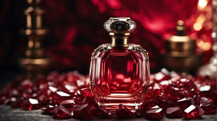Obraz na płótnie Canvas A beautiful glass for womens perfume bottle on pile of ruby crystals background from Generative AI