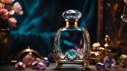 A beautiful glass for womens perfume bottle on pile of treasures background from Generative AI