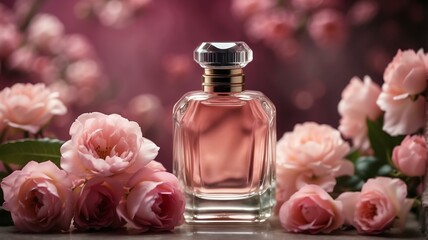 Obraz na płótnie Canvas A beautiful glass for womens perfume bottle on pink flowers background from Generative AI