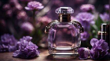 Obraz na płótnie Canvas A beautiful glass for womens perfume bottle on purple flowers background from Generative AI