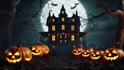 Fototapeta na wymiar Halloween background with pumpkins and haunted house