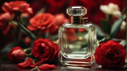 Obraz na płótnie Canvas A beautiful glass for womens perfume bottle on red flowers background from Generative AI
