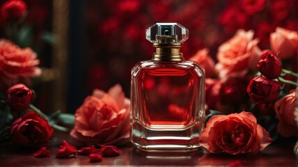 Obraz na płótnie Canvas A beautiful glass for womens perfume bottle on red flowers background from Generative AI