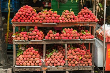 Fototapeta na wymiar Stack of lychees on a market stall.