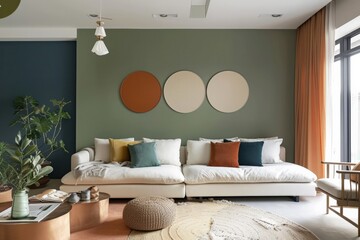 warm color palette Earth tones and nature-inspired hues like muted greens and blues will continue to appear in 2024 interiors from wall colors to interior design space decoration living room design - obrazy, fototapety, plakaty