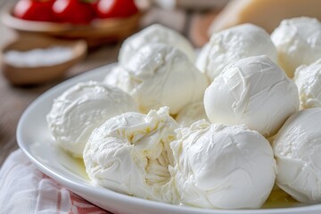 Close up of eating fresh handmade burrata or burratina cheese a white ball made from mozzarella and creamy filling from Puglia Italy