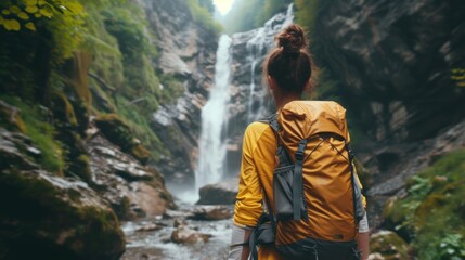 Obraz premium A beautiful young woman in hiking clothes with a backpack on her back walking along a hiking trail near a waterfall Standing and looking at the waterfall in the forest