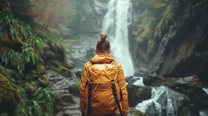 A beautiful young woman in hiking clothes with a backpack on her back walking along a hiking trail near a waterfall Standing and looking at the waterfall in the forest