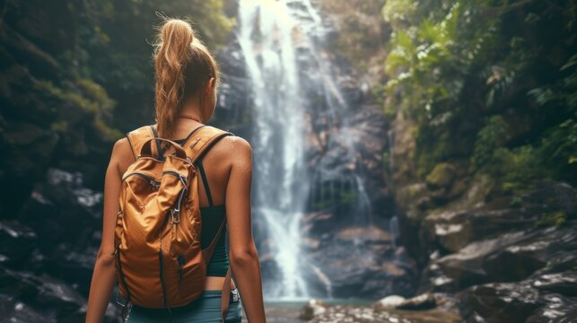 picture of a beautiful young woman in hiking clothes with a backpack on her back walking along a hiking trail near a waterfall Standing and looking at the waterfall in the forest