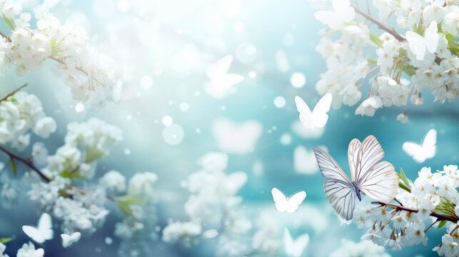 Abstract natural spring background with butterflies and light white meadow flowers closeup.