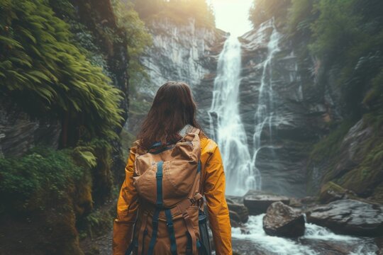 A beautiful young woman in hiking clothes with a backpack on her back walking along a hiking trail near a waterfall Standing and looking at the waterfall in the forest