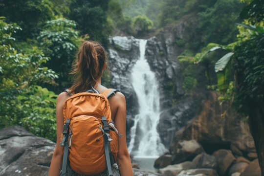 picture of a beautiful young woman in hiking clothes with a backpack on her back walking along a hiking trail near a waterfall Standing and looking at the waterfall in the forest