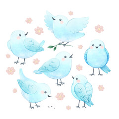 Round composition of White Birds and Pink Flowers. Cute Watercolor illustration, delicate design isolated on white background, Animal stickers, children character design.
