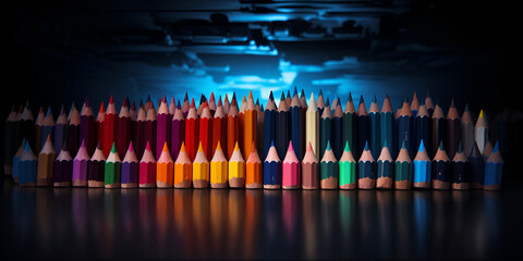   Multicolored pencils lies in order In the dark background A row of colored pencils are lined up on a table.
  