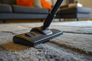 Cleaner vacuuming carpet House cleaning service Close up of sweeper head