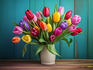 Colorful tulips sitting on wooden table with green background