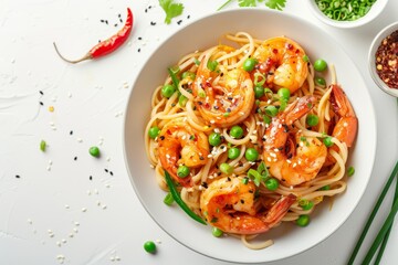 Asian dish with stir fried noodles shrimps paprika green pea chives sesame seeds on a white kitchen table