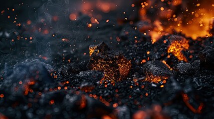 Close-up View of a Pile of Coal with fire - obrazy, fototapety, plakaty