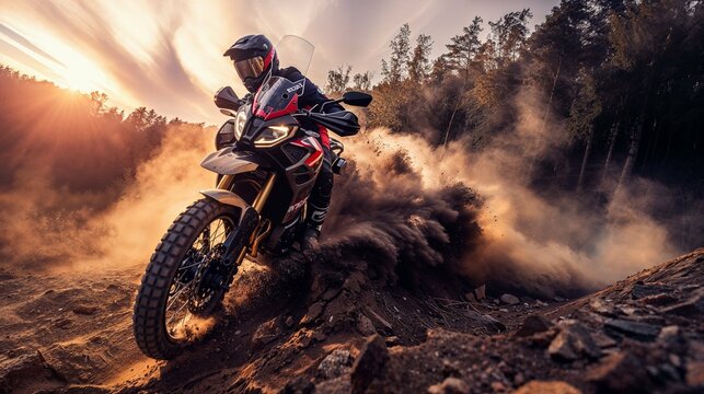 motocross rider on sunset background with dust spray