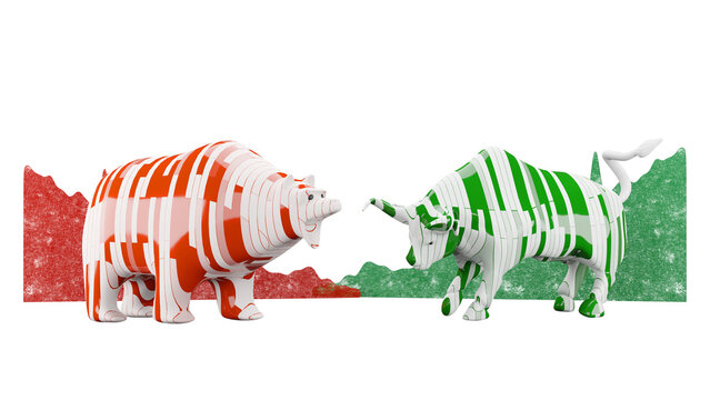 Bull and Bear market, concept of stock market exchange or financial analysis,  Clipping path, 3d render