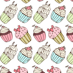 Hand drawn cupcake colourful background for bakery