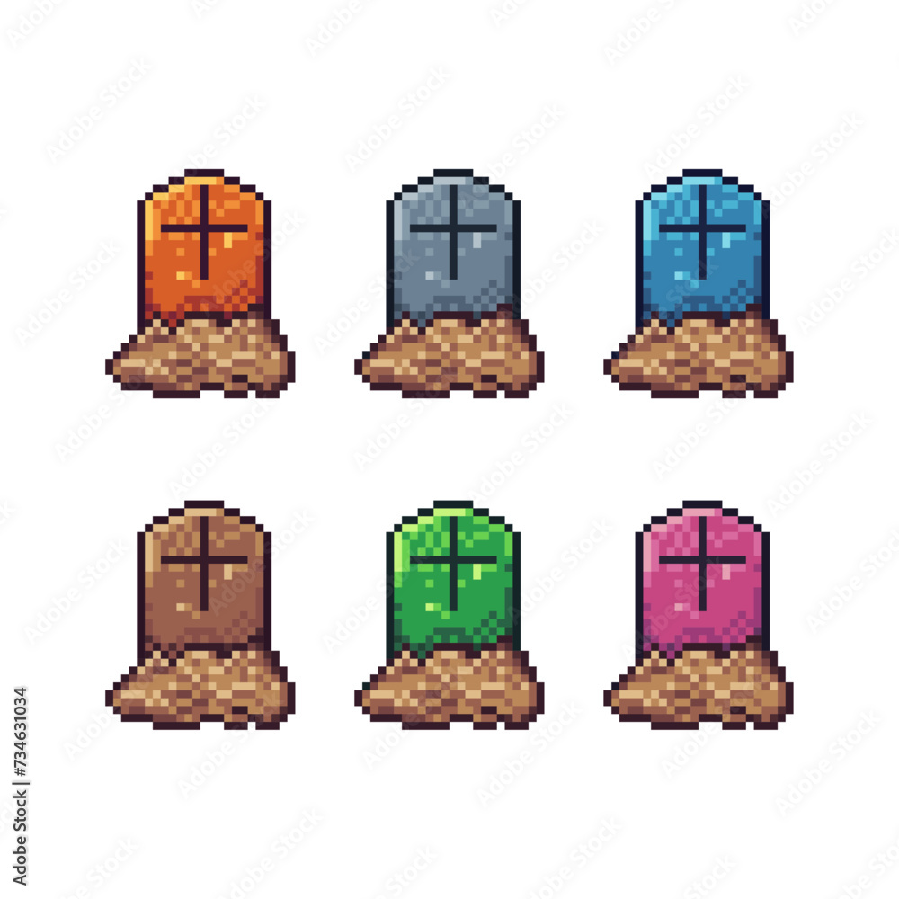 Poster pixel art sets icons of grave sign variations in color.grave stone icon in pixelated style. 8-bit il