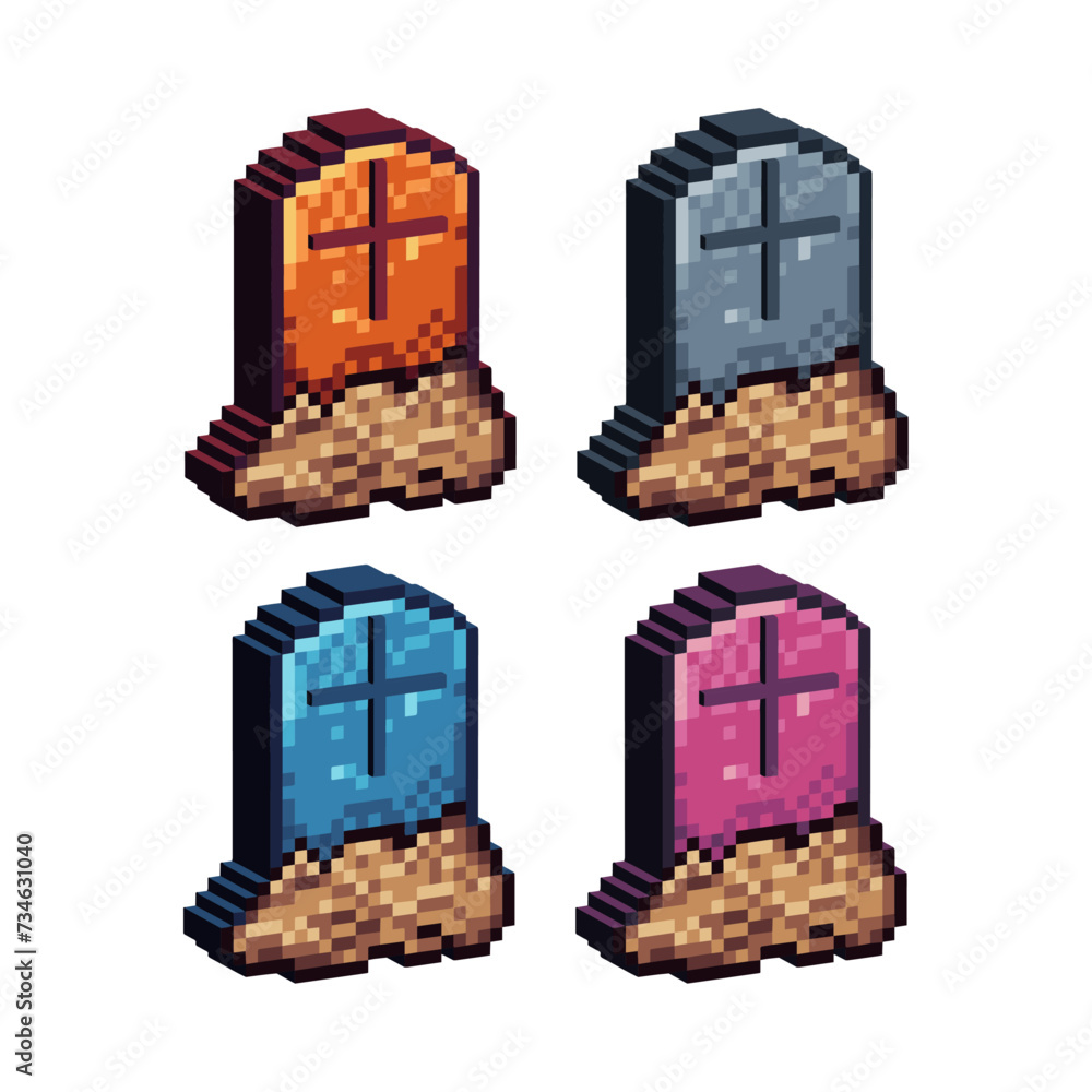 Poster isometric pixel art 3d of gravestone icon for items asset. isolated gravestone icon on pixel bits st